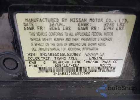 2005 Nissan Sentra Se-R из США, поврежденный, VIN 3N1AB51D15L510822